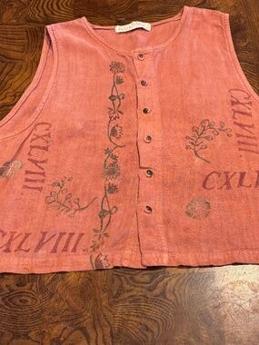 Vintage Blue Fish Vest 100% Linen Button Down Hand Paint Size XL